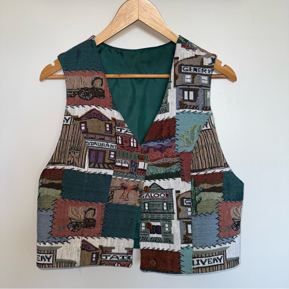 Patchwork Tapestry Vest with Silky Teal Lining
